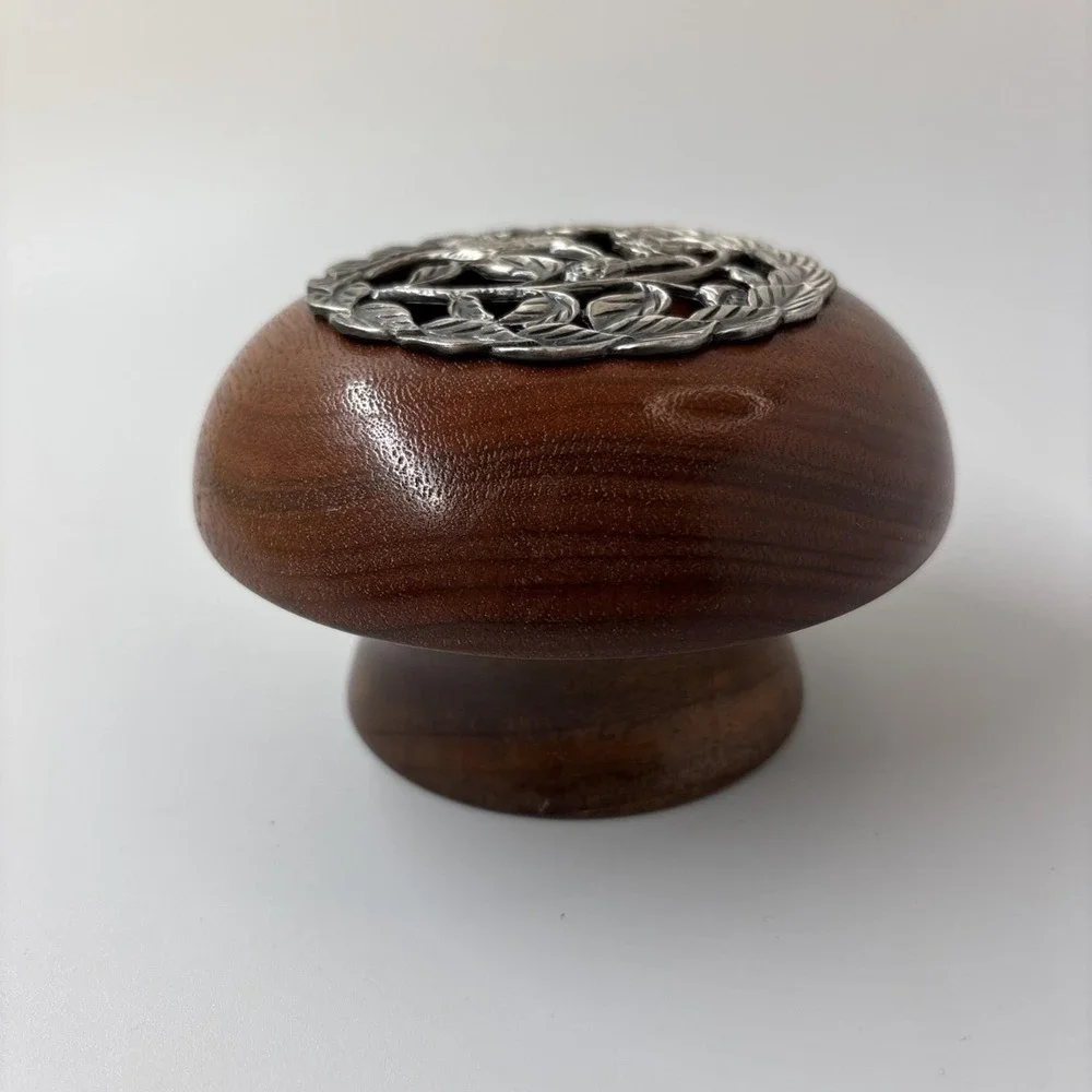 VTG Wood Round Bowl Pewter Humming Bird Lid Jewelry Keepsake Box Potpourri